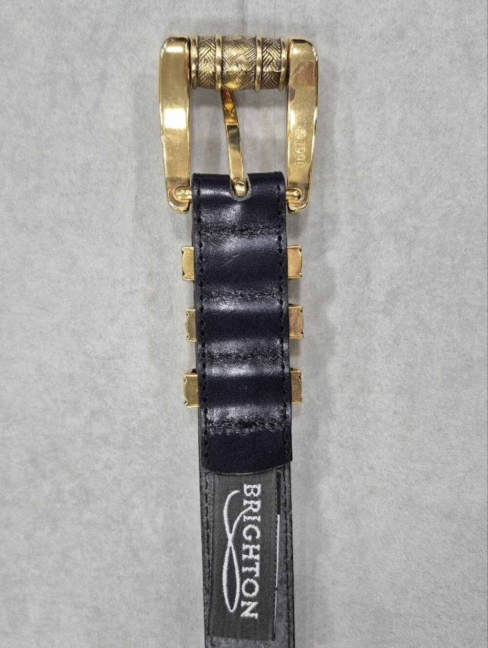 Vtg 90s Brighton belt women's small black leather antiqued gold chunky buckle